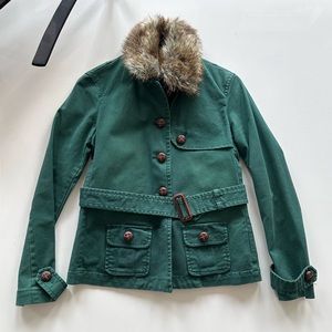 GAP Trench Jacket Faux Fur Collar Detachable Quilted Lining Green XS